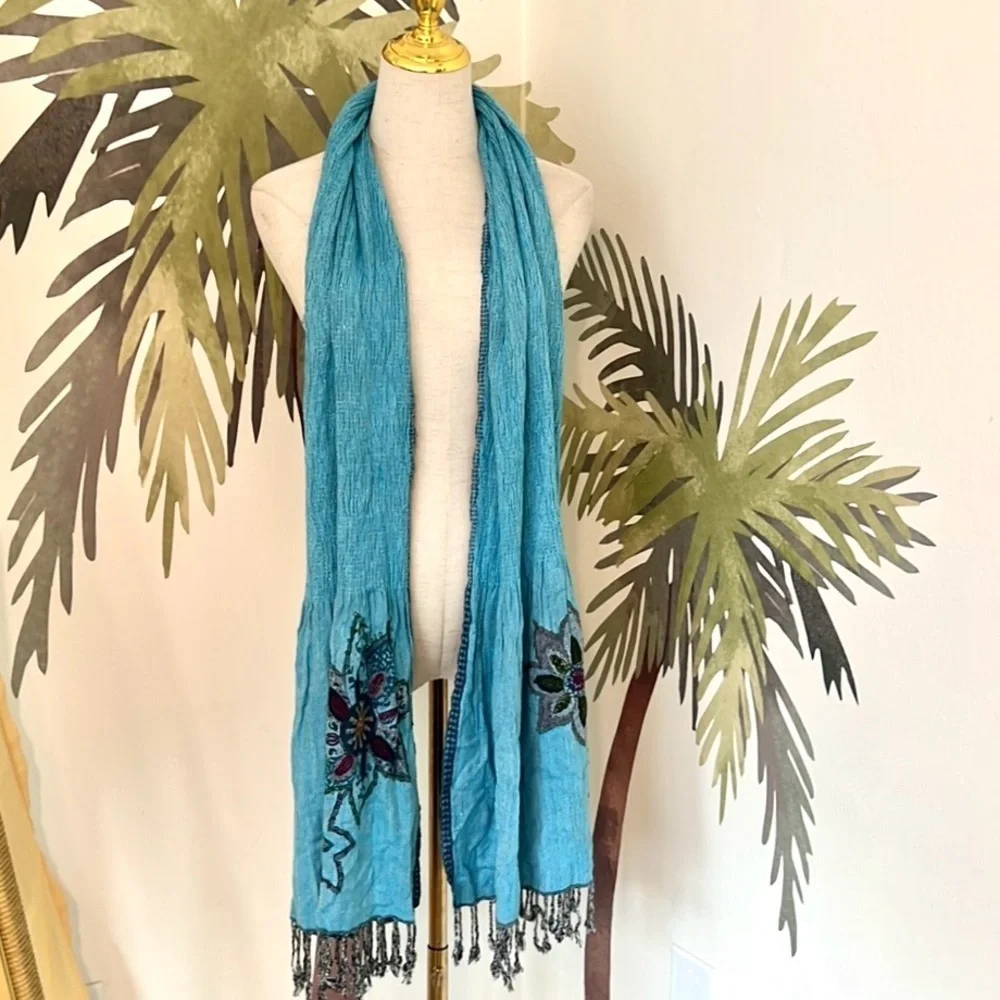 Gorgeous Embroidered Soft Rayon Scarf, Incredible Colors, Stretch, EUC, OS